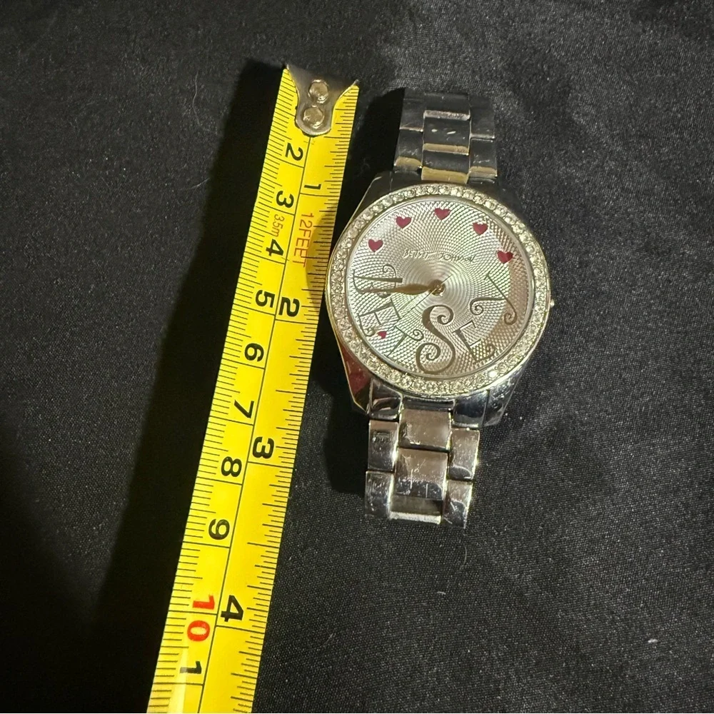 Betsey Johnson Silver Watch with Pink Heart Accents